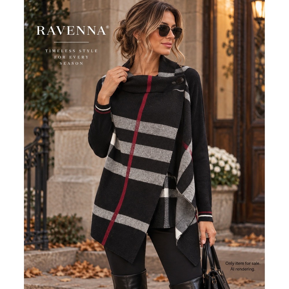 Ravenna Plaid Asymmetrical Drape Knit Cardigan Black Burgundy Heritage Prep
